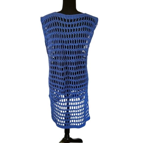 Handmade  Crochet Bathing Suit Cover-Up – Blue Mesh Tunic Size L/XL - Picture 3 of 3
